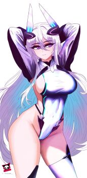 arms_up azur_lane breasts headband highres huge_breasts jacket kearsarge_(azur_lane) leotard light_smile long_hair long_sleeves looking_to_the_side multicolored_leotard purple_eyes themaker white_hair white_jacket
