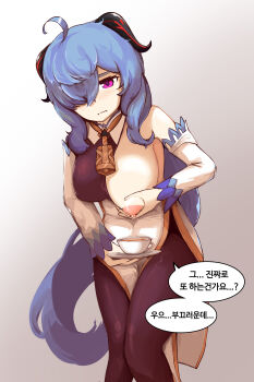 1girl absurdres ahoge bare_shoulders bell black_gloves black_pantyhose blue_hair breast_milk_in_container breasts commentary cup detached_sleeves english_commentary ganyu_(genshin_impact) genshin_impact gloves goat_horns highres horns korean_text lactating_into_container lactation large_breasts large_variant_set long_hair looking_at_viewer medium_breasts neck_bell one_breast_out pantyhose purple_eyes sidelocks solo taphris teacup variant_set white_background