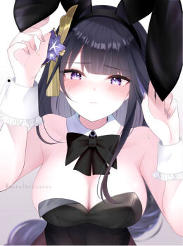 1girl alternate_costume animal_ears bare_shoulders black_bow black_bowtie black_pantyhose blunt_bangs blush bow bowtie braid breasts cleavage closed_mouth commentary detached_collar fake_animal_ears genshin_impact gradient_hair grey_background head_tilt highres huge_breasts long_braid long_hair looking_at_viewer marutaro mole mole_under_eye multicolored_eyes multicolored_hair nose_blush pantyhose playboy_bunny purple_eyes purple_hair purple_nails raiden_shogun shade single_braid solo streaked_hair sweat upper_body wrist_cuffs