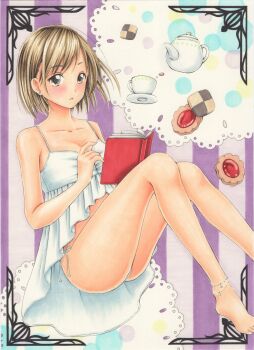 1girl absurdres anklet babydoll barefoot blush book border brown_hair collarbone commentary_request cookie cup earrings food foot_out_of_frame grey_eyes hand_up highres jewelry knees_up looking_at_viewer marker_(medium) midori_(mira567) no_pants open_book original ornate_border panties parted_lips purple_background short_hair side-tie_panties sitting solo spaghetti_strap striped_background stud_earrings teacup teapot traditional_media underwear vertical-striped_background white_babydoll white_panties
