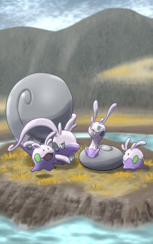 blue_sky closed_mouth cloud commentary_request day eji evolutionary_line gen_6_pokemon goomy grass grey_eyes highres hisuian_goodra hisuian_sliggoo jitome nintendo no_humans open_mouth outdoors pokemon pokemon_(creature) pokemon_focus shell sky smile water