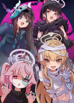 Rule 34 | 4girls, :d, absurdres, after-school sweets club (blue archive), ahoge, airi (blue archive), airi (halloween) (blue archive), amamiyayk, animal ears, bandages, black gloves, black hair, blonde hair, blue archive, brown hair, cat ears, cat girl, claw pose, colored inner hair, elbow gloves, extra ears, gloves, green eyes, green halo, halloween costume, halo, hashtag-only commentary, highres, kazusa (blue archive), kazusa (halloween) (blue archive), long hair, mask, mask on head, multicolored hair, multiple girls, mummy costume, naked bandage, natsu (blue archive), natsu (halloween) (blue archive), navel, official alternate costume, open mouth, patchwork skin, pink hair, pink halo, red eyes, side ponytail, smile, v-shaped eyebrows, yellow eyes, yellow halo, yoshimi (blue archive), yoshimi (halloween) (blue archive), zombie