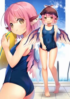 1girl :t alternate_costume animal_ear_piercing animal_ears arm_behind_back barefoot bird_ears blue_one-piece_swimsuit blue_sky blush breasts brown_eyes brown_hat commentary_request covered_navel hat holding kapuchii looking_at_viewer mob_cap multiple_views mystia_lorelei one-piece_swimsuit open_mouth pink_hair pool_float pout school_swimsuit short_hair sky small_breasts swimsuit touhou wings