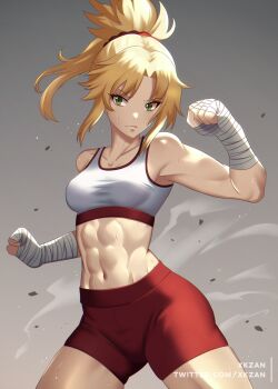 1girl abs alternate_costume angry armpits bandaged_arm bandages belly biceps blonde_hair breasts clenched_hand clenched_hands closed_mouth collarbone cowboy_shot crop_top curvy exercising eyelashes fate/apocrypha fate/grand_order fate_(series) green_eyes gym_shirt gym_uniform hair_ornament hair_scrunchie highres medium_breasts midriff mordred_(fate) mordred_(fate/apocrypha) multicolored_clothes muscular muscular_female narrow_waist navel parted_bangs ponytail punching red_scrunchie scrunchie shirt short_hair short_shorts shorts sidelocks simple_background solo sports_bra sportswear standing stomach sweat thick_thighs thighs toned twitter_username wide_hips xkzan