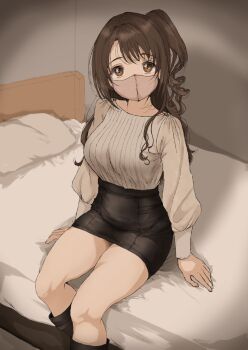 1girl absurdres black_skirt breasts brown_eyes brown_hair commentary gatsby_ssl highres idolmaster idolmaster_cinderella_girls indoors large_breasts long_hair long_sleeves looking_at_viewer mask miniskirt mouth_mask on_bed one_side_up pencil_skirt shimamura_uzuki shirt sitting skirt solo
