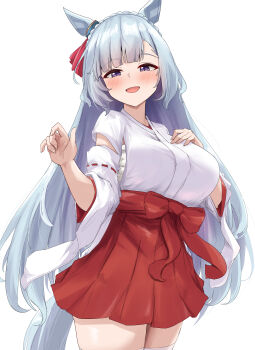 1girl absurdres alternate_costume animal_ears blue_hair blush bow breasts chest_sarashi commentary_request detached_sleeves ear_ribbon gryebooks highres horse_ears horse_girl japanese_clothes large_breasts long_hair looking_at_viewer mejiro_ardan_(umamusume) miko open_mouth purple_eyes red_ribbon red_skirt ribbon sarashi skirt smile solo umamusume white_sleeves
