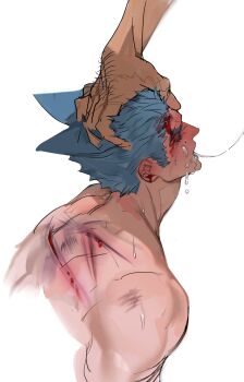 1boy absurdres after_fellatio animal_ears back blood_on_body blue_hair blue_octopus12 closed_eyes cum cum_on_body cum_string facial highres male_focus open_mouth shiki_(novel) short_hair tatsumi_(shiki) very_short_hair wolf_ears