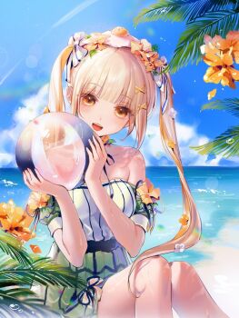 1girl armpit_crease ball beach blonde_hair blue_sky blunt_bangs bow collarbone flower fried_egg hair_bow hair_ornament hairclip highres holding holding_ball long_hair looking_at_viewer multiple_hair_bows ocean off_shoulder open_mouth original sidelocks sky smile thighs wet x_hair_ornament yellow_eyes yellow_flower yp1091