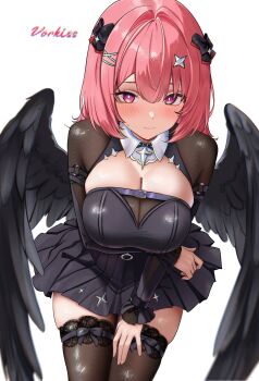 Rule 34 | 1girl, black dress, black thighhighs, blush, breasts, cleavage, commentary, dress, feathered wings, highres, large breasts, looking at viewer, pink eyes, pink hair, remielle dan, short hair, signature, solo, thighhighs, vorkiss, wings, zenless zone zero