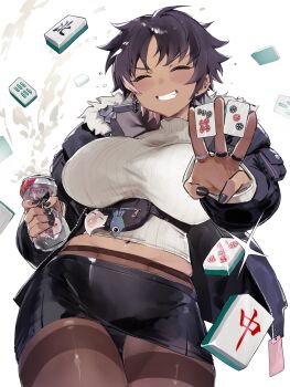 1girl black_hair black_jacket black_nails black_skirt blush bon_(vtuber) breasts can closed_eyes commentary crushed_can earrings english_commentary fanny_pack highres holding holding_can indie_virtual_youtuber jacket jenshenya jewelry large_breasts mahjong mahjong_tile multicolored_hair navel open_clothes open_jacket pantyhose pink_hair ribbed_shirt second-party_source shirt skirt smile solo streaked_hair sweat thighband_pantyhose virtual_youtuber
