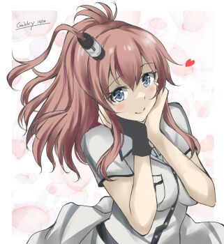 1girl black_gloves breast_pocket brown_hair commentary_request dress fingerless_gloves gakky gloves grey_dress grey_eyes hands_on_own_face high_side_ponytail kantai_collection long_hair looking_at_viewer one-hour_drawing_challenge pocket ponytail saratoga_(kancolle) saratoga_mk_ii_(kancolle) side_ponytail single_glove smokestack_hair_ornament solo upper_body