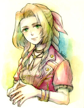 1girl aerith_gainsborough artist_name bangle bracelet brown_hair choker closed_mouth dress final_fantasy final_fantasy_vii flower_choker gold_buttons green_eyes hair_ribbon highres jacket jewelry light_smile long_hair moke_mokke own_hands_together parted_bangs pink_dress pink_ribbon red_jacket ribbon sidelocks solo traditional_media upper_body