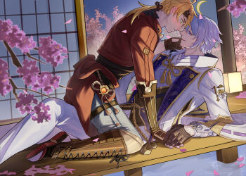 2boys absurdres agemaki_knot arm_guards black_boots black_corset black_gloves black_headband black_shirt blonde_hair blue_eyes blue_hair blush boots branch cherry_blossoms chinese_commentary coat commentary_request contrast_lapels corset crescent_moon cropped_jacket eye_contact face-to-face fake_horns fingerless_gloves from_side genshin_impact gloves gold_trim green_eyes grey_pants hair_between_eyes hair_over_shoulder hair_ribbon half_gloves hand_on_another's_cheek hand_on_another's_face hand_on_another's_neck hand_up headband highres holding_hands horned_headwear horns imminent_kiss jacket kamisato_ayato knee_boots knee_up lace-up_boots lalirit lapels long_sleeves looking_at_another low_ponytail male_focus medium_hair mole mole_under_mouth moon multiple_boys night open-toe_boots pants parted_lips petals petals_on_liquid ponytail popped_collar profile purple_shirt red_jacket red_ribbon ribbon ribbon-trimmed_sleeves ribbon_trim shirt sitting sitting_on_person smile straddling tailcoat tassel thigh_straddling thigh_strap thoma_(genshin_impact) vision_(genshin_impact) waist_cape water white_coat white_pants yaoi