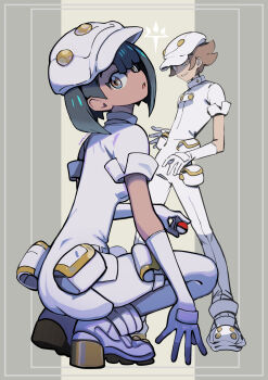 1boy 1girl :o aether_foundation_employee aether_foundation_employee_(female) aether_foundation_uniform black_hair brown_hair commentary eudetenis gloves hat highres holding holding_poke_ball jumpsuit logo looking_at_viewer looking_to_the_side nintendo open_mouth overalls pantyhose poke_ball poke_ball_(basic) pokemon pokemon_sm shoes short_hair short_sleeves squatting white_gloves white_hat white_jumpsuit white_overalls white_pantyhose white_shoes
