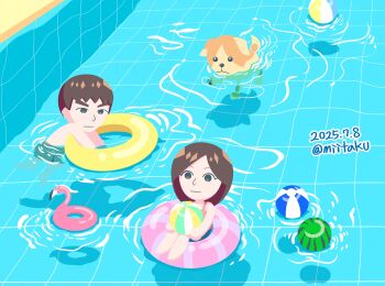 1boy 1girl afloat ball beachball black_eyes brown_hair chibi closed_mouth dog expressionless flamingo_innertube food fruit guest_c_(mii) guest_f_(mii) highres holding holding_ball holding_beachball innertube male_swimwear mii_(nintendo) miitaku nintendo one-piece_swimsuit partially_submerged pool poolside ripples short_hair swim_ring swimming swimsuit tile_floor tile_wall tiles twitter_username water watermelon