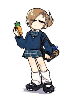 1girl alternate_costume bag bag_charm black_bag black_shoes blue_bow blue_bowtie blue_skirt blue_sweater bow bowtie brown_hair charm_(object) collared_shirt commentary eddsworld eyebrow_piercing face_piercing food fruit gyaru hair_ornament hair_over_one_eye hairclip holding holding_phone hollow_eyes jitome kogal looking_at_viewer loose_socks mary_janes mettya_329 miniskirt parallel_hairclips phone piercing pineapple plaid_bow plaid_bowtie plaid_clothes plaid_skirt school_bag school_uniform shirt shoes short_hair simple_background skirt socks solo standing sweater tamara_(eddsworld) tomee_bear_(eddsworld) topknot watermark white_background white_shirt