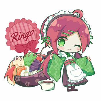 1girl ;) andou_ringo apron blush bowl brown_hakama brown_shoes character_name cherry chibi chibi_only closed_mouth commentary_request food frilled_apron frills fruit full_body futaba969649 green_eyes green_kimono hair_ornament hair_ribbon hairclip hakama hakama_skirt highres ice_cream japanese_clothes kimono long_hair long_sleeves looking_at_viewer low_twintails maid maid_headdress one_eye_closed parallel_hairclips puyopuyo red_hair red_ribbon ribbon shoes simple_background skirt sleeves_past_wrists smile socks solo standing sugar_cube twintails unmoving_pattern wa_maid white_apron white_background white_socks wide_sleeves