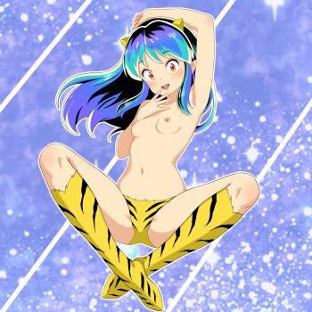 1girl absurdres animal_print aqua_hair bikini blue_hair boots breasts commentary_request cone_horns full_body gradient_hair highres horns knee_boots long_hair looking_at_viewer lum multicolored_hair navel nipples open_mouth pointy_ears print_bikini rpca sidelocks small_breasts small_horns smile solo spread_legs strapless strapless_bikini striped_horns swimsuit thighs tiger_print topless_female urusei_yatsura yellow_bikini yellow_boots yellow_horns