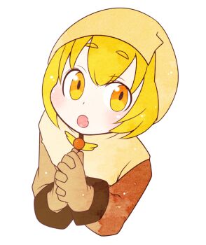Rule 34 | 1boy, acolyte (ragnarok online), blonde hair, brown coat, brown gloves, coat, commentary request, eggshell hat, gloves, long sleeves, looking at viewer, male focus, oekakipikki, open mouth, ragnarok masters, ragnarok online, simple background, solo, upper body, white background, yellow eyes