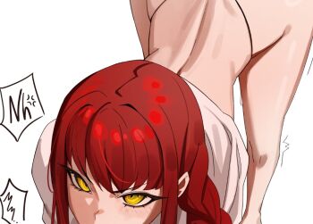 1girl anger_vein arched_back braid chainsaw_man commentary english_commentary highleg highleg_panties kiritzugu leaning_forward looking_at_another makima_(chainsaw_man) out_of_frame panties red_hair simple_background single_braid solo thong underwear white_background yellow_eyes