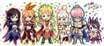 Rule 34 | 3boys, 3girls, :q, ahoge, animal ears, arcane master (ragnarok masters), armor, armored boots, bandeau, bikini armor, black-framed eyewear, black boots, black hair, blonde hair, blue bandeau, blue cape, blue eyes, blue gloves, blue skirt, blue thighhighs, boots, bow, breastplate, brown eyes, brown hair, cape, cat boy, cat ears, chibi, chibi only, closed mouth, commentary request, crown, divine avenger (ragnarok masters), double bun, dress, faulds, fingerless gloves, full body, glasses, gloves, gobaku no hito, green eyes, grey hair, hair bow, hair bun, jacket, long hair, looking at viewer, multiple boys, multiple girls, orange bow, orange eyes, orange hair, pauldrons, pink hair, pointy ears, purple eyes, ragnarok masters, ragnarok online, red shirt, runemaster (ragnarok masters), saint (ragnarok masters), shirt, short hair, shoulder armor, skirt, smile, solar trouvere (ragnarok masters), spirit whisperer (ragnarok masters), standing, thighhighs, tongue, tongue out, white background, white boots, white dress, white jacket