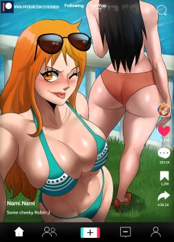 2girls :p absurdres adapted_costume aqua_bikini ass bare_shoulders bikini bikini_bottom_only black-framed_eyewear black_hair blue_background blush breasts cleavage collarbone echo_saber english_text fake_phone_screenshot fake_screenshot female_focus from_above from_behind glasses_on_head gluteal_fold grass green_background green_bikini head_out_of_frame high_heels highres large_breasts legs_apart linea_alba lips long_hair looking_at_viewer matching_hair/eyes mature_female multicolored_bikini multiple_girls nami_(one_piece) nami_(one_piece)_(return_to_sabaody) navel nico_robin nose nose_blush ocean one_eye_closed one_piece orange_bikini orange_eyes orange_hair patreon_username perspective red_bikini red_shoes selfie shiny_skin ship shoes sidelocks standing striped_bikini striped_clothes sunglasses swimsuit tiktok tongue tongue_out tsurime two-tone_bikini user_interface v-shaped_eyebrows water watercraft wedgie white_bikini wide_hips wink