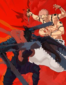 absurdres arm_tattoo chainsaw chainsaw_man chest_tattoo dakaeya demon denji_(chainsaw_man) fighting_stance forehead_tattoo highres intestines jujutsu_kaisen monster pochita_(chainsaw_man) ryoumen_sukuna_(jujutsu_kaisen) sharp_teeth shoulder_tattoo spiked_hair stomach_mouth tattoo teeth tongue_tattoo transformation wrist_tattoo