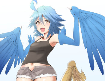 1girl ahoge bare_shoulders bird_legs black_tank_top blue_feathers blue_hair blue_wings blush claws commentary digitigrade feathered_wings feathers hair_between_eyes harpy idtmli monster_girl monster_musume_no_iru_nichijou navel open_mouth papi_(monster_musume) scales short_hair shorts solo talons tank_top winged_arms wings yellow_eyes