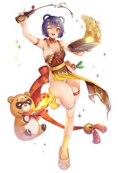 1girl absurdres animal areola_slip arm_strap arm_up bandaid bandaids_on_nipples bare_shoulders blunt_bangs braid braided_hair_rings breasts breath_weapon breathing_fire chili_pepper china_dress chinese_clothes commentary dress english_commentary eyelashes fire food fried_rice frying_pan full_body genshin_impact glint guoba_(genshin_impact) hair_ornament hair_rings hairclip highres holding holding_frying_pan kikkoman leaf_print medium_breasts neck_bell one_eye_closed open_mouth panda panties pasties pelvic_curtain potetos7 purple_hair ribbon round_teeth shiny_skin short_hair shrimp slippers smile socks soy_sauce sparkle sparkle_background standing standing_on_one_leg sweat teeth thigh_strap thighs twitter_username underwear upper_teeth_only wardrobe_malfunction watermark white_background white_panties xiangling_(genshin_impact) yellow_eyes