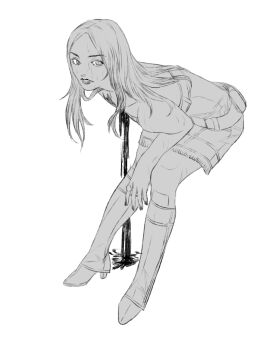 1girl amputee armless_amputee belt black_blood bleeding blood blood_on_ground boots denim_boots denim_dress highres injury jewelry kneeling long_hair looking_at_viewer monochrome nail_polish ring shin_megami_tensei shin_megami_tensei_iii:_nocturne solo sweat tachibana_chiaki_(megami_tensei) ts_kaleidoscope white_background