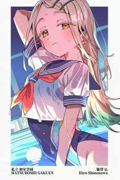 1girl am_0410 gakuen_idolmaster hair_ornament hairclip idolmaster one-piece_swimsuit partially_submerged pool school_uniform serafuku shinosawa_hiro solo swimsuit wet wet_clothes