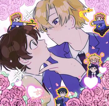 1girl 6+boys black_necktie blazer blonde_hair blue_eyes blush book branch brown_eyes brown_hair carrying collared_shirt crossdressing crossdressing_(ftm) dress face-to-face flower fujioka_haruhi glasses grabbing_another&#039;s_chin hand_on_another&#039;s_chin haninozuka_mitsukuni heart highres hitachiin_hikaru hitachiin_kaoru holding holding_book holding_branch holding_stuffed_toy jacket looking_at_another mini_person miniboy morinozuka_takashi multiple_boys necktie official_alternate_costume onisan611 ootori_kyouya opaque_glasses orange_hair ouran_high_school_host_club ouran_high_school_uniform petals puffy_sleeves red_flower red_rose rose rose_petals school_uniform shirt short_hair shoulder_carry signature sparkle stuffed_animal stuffed_rabbit stuffed_toy suou_tamaki surprised sweatdrop throwing throwing_rock twitter_username white_background yellow_dress