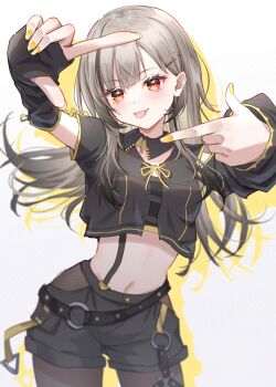 1girl black_shirt black_shorts brown_pantyhose cowboy_shot crop_top crop_top_overhang detached_collar drop_shadow fang finger_frame grey_hair hair_ornament hairclip highres long_hair long_sleeves looking_at_viewer midriff multicolored_hair navel pantyhose project_nebula red_eyes shirt short_shorts shorts simple_background solo stomach streaked_hair suzuri_ren toki_(toki_ship8) tongue tongue_out virtual_youtuber white_background