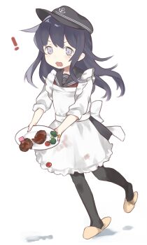 Rule 34 | !, 1girl, absurdres, akatsuki (kancolle), anchor symbol, apron, bad id, bad pixiv id, bandaid, bandaid on hand, beige footwear, black hat, black pantyhose, black skirt, blush, broccoli, brown slippers, commentary request, female focus, fingernails, flag, flat cap, frilled apron, frills, full body, hamburger steak, hasegawa (rarairairai), hat, highres, holding, holding plate, kantai collection, long hair, long sleeves, looking at viewer, maid apron, okosama lunch, open mouth, pantyhose, plate, purple eyes, purple hair, radish, school uniform, serafuku, shirt, simple background, skirt, slippers, solo, tears, walking, wavy mouth, white apron, white background, white shirt