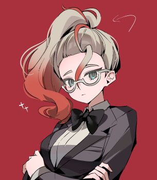 1girl black_bow black_bowtie black_jacket blue_eyes bow bowtie breasts closed_mouth collared_shirt crossed_arms ebi_(shrimp_eleven) glasses gradient_hair griselle_(pokemon) highres jacket multicolored_hair nintendo orange_hair pokemon pokemon_legends:_z-a ponytail red_bow red_hair shirt two-tone_hair upper_body white-framed_eyewear white_hair white_shirt