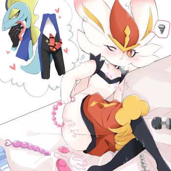 1boy 1girl ajiwo anal_beads anal_fluid animal_penis ass bad_tag bed blush cinderace clothes_pull diphallia diphallism extra_penises female furry gen_8_pokemon heart hemipenes highres inteleon male masturbation multi_genitalia nintendo pants pants_pull penis personification pokemon pokemon_(creature) pussy pussy_juice scalie sex_toy sweat tears thick_thighs thighs trembling vibrator wet wide_hips wince