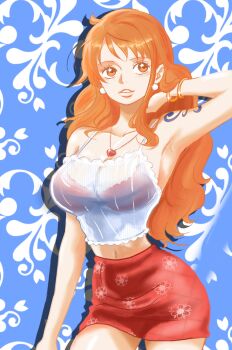1girl absurdres armpits bangle bare_shoulders blue_background bobatearss bra bracelet breasts camisole collarbone cowboy_shot crop_top drop_shadow earrings floral_print floral_print_skirt food fruit glint gold_bracelet hand_in_own_hair heart heart_necklace highres jewelry large_breasts long_hair midriff_peek miniskirt nami_(one_piece) narrow_waist navel necklace one_piece orange_eyes orange_hair parted_lips pearl_earrings print_skirt red_skirt see-through_cleavage see-through_clothes see-through_shirt shirt shoulder_tattoo skirt solo spaghetti_strap sparkle tattoo underwear wavy_hair white_camisole
