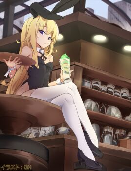 1girl animal_ears bad_id bad_pixiv_id bar_(place) bare_shoulders black_leotard black_ribbon blonde_hair blue_eyes breasts closed_mouth coffee_pot commission covered_navel crossed_legs cup day detached_collar drinking_glass fake_animal_ears female_focus food gabriel_dropout gabriel_tenma_white gero-gh high_heels highleg highleg_leotard holding holding_tray ice_cream indoors jar leotard light long_hair looking_at_viewer neck_ribbon on_table playboy_bunny rabbit_ears rabbit_girl ribbon sandwich sandwiched shelf sign sitting small_breasts solo strapless strapless_leotard table thighhighs tray very_long_hair white_thighhighs wrist_cuffs