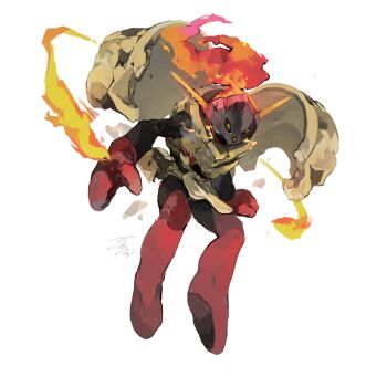 1other absurdres armarouge armor bare_shoulders breastplate clenched_hand colored_skin facing_to_the_side fake_horns fire floating_armor helmet highres horned_helmet horns kanami_(bprod) leaning_forward looking_to_the_side midair nintendo plume pokemon pokemon_(creature) pokemon_focus red_eyes red_skin shoulder_pads solo white_background yellow_armor