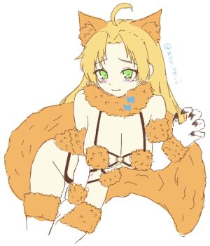 1girl ahoge animal_ear_fluff animal_ears azurei_(rofo) blush claws cosplay fake_animal_ears fur-trimmed_gloves fur-trimmed_thighhighs fur_trim genderswap genderswap_(mtf) gloves green_eyes long_hair mash_kyrielight mash_kyrielight_(dangerous_beast) mash_kyrielight_(dangerous_beast)_(cosplay) mole mole_under_eye mushoku_tensei navel rudeus_greyrat solo tail thighhighs wolf_tail