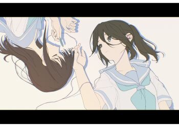 2girls 555emauma absurdres black_hair blue_eyes blue_neckerchief blue_sailor_collar border brown_hair closed_eyes closed_mouth commentary earphones english_commentary hand_in_another&#039;s_hair hibike!_euphonium highres kasaki_nozomi kitauji_high_school_uniform letterboxed liz_to_aoi_tori long_hair looking_at_another lying multiple_girls neckerchief ponytail sailor_collar school_uniform serafuku shared_earphones shirt short_sleeves white_background white_border white_shirt yoroizuka_mizore yuri