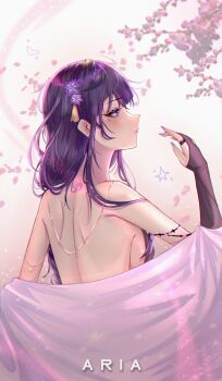 1girl a_r_i_a absurdres artist_name bare_back bare_shoulders commentary electro_symbol_(genshin_impact) genshin_impact hand_up highres long_hair mole mole_under_eye nail_polish purple_eyes purple_hair raiden_shogun solo tattoo upper_body