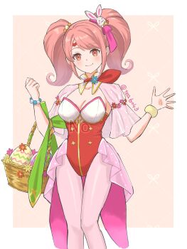 1girl bracelet breasts cleavage commentary_request easter_egg egg fire_emblem fire_emblem_echoes:_shadows_of_valentia fire_emblem_heroes flower hair_ornament hair_ribbon highres holding jewelry leotard mae_(fire_emblem) mae_(spring)_(fire_emblem) medium_breasts nintendo official_alternate_costume pantyhose pink_hair pink_ribbon playboy_bunny red_eyes ribbon smile solo tea6043 twintails white_pantyhose
