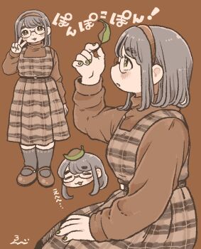 Rule 34 | 1girl, :3, arm at side, black-framed eyewear, black socks, blush, brown background, brown dress, brown hairband, brown shoes, brown sweater, closed eyes, commission, cropped head, dress, ebiebi, from side, full body, green nails, grey hair, hairband, hand on own thigh, hand up, highres, holding, holding leaf, leaf, long dress, long sleeves, looking ahead, medium hair, multiple views, nose, original, parted lips, plaid clothes, plaid dress, round eyewear, semi-rimless eyewear, shoes, sidelocks, sideways mouth, signature, simple background, sitting, skeb commission, sleeveless, sleeveless dress, socks, straight hair, sweater, sweater under dress, thick eyebrows, translation request, turtleneck, turtleneck sweater, under-rim eyewear, v