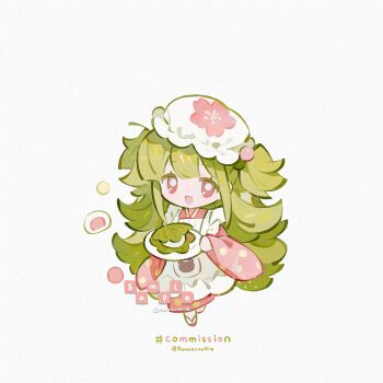 1girl :3 :d apron bright_pupils chibi chibi_only food full_body green_hair green_sandals hat highres holding holding_plate japanese_clothes kanae_(cookie) kimono long_hair long_sleeves looking_at_viewer mob_cap mochi open_mouth original pink_kimono plate red_eyes sakura_mochi sandals simple_background smile socks solo standing tabi twitter_username two_side_up very_long_hair wagashi white_apron white_background white_hat white_pupils white_socks wide_sleeves