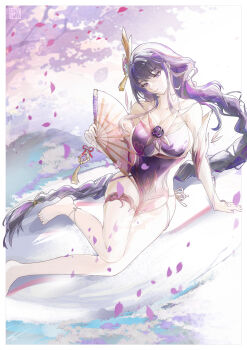 1girl absurdres alternate_costume bare_legs bare_shoulders barefoot flower genshin_impact grass hair_ornament hand_fan highres holding holding_fan long_hair on_grass purple_eyes purple_hair raiden_shogun tongyu