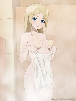1girl :o absurdres anime_coloring blonde_hair blue_eyes blush braid breasts collarbone completely_nude convenient_censoring coro_fae cowboy_shot dot_nose fanbox_username hayasaka_ai smithee_a._haysaca highres holding holding_towel indoors kaguya-sama_wa_kokurasetai_~tensai-tachi_no_renai_zunousen~ long_hair looking_at_viewer medium_breasts nude official_style paid_reward_available parted_lips shower_(place) showering side_braid single_braid soap_bubbles soap_censor solo standing steam towel twitter_username water watermark web_address wet
