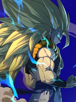 Rule 34 | 1boy, absurdres, black vest, blonde hair, blue background, blue sash, clenched hand, closed mouth, commentary request, cowboy shot, cropped vest, dragon ball, dragonball z, electricity, from side, glowing, glowing eye, gogeta, green eyes, highres, horang4628, korean commentary, long hair, looking at viewer, male focus, metamoran vest, muscular, muscular male, no eyebrows, no shirt, pants, profile, sash, simple background, solo, spiked hair, super saiyan, super saiyan 3, vest, white pants