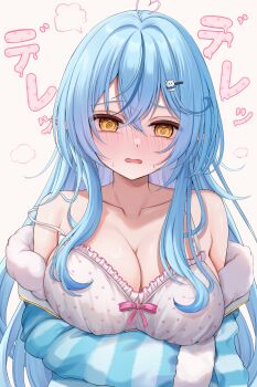 7nopi @_@ absurdres ahoge arm_under_breasts blue_hair blue_jacket blush breasts camisole cleavage commentary_request crossed_bangs double-parted_bangs frilled_camisole frills fur-trimmed_jacket fur_trim hair_between_eyes hair_ornament hairclip heart heart_ahoge highres hololive jacket large_breasts long_hair looking_at_viewer multicolored_hair official_alternate_costume open_mouth pointy_ears polka_dot_camisole sidelocks simple_background sleeves_past_fingers sleeves_past_wrists strap_slip streaked_hair striped_clothes striped_jacket translation_request very_long_hair virtual_youtuber wavy_mouth white_background white_camisole yellow_eyes yukihana_lamy yukihana_lamy_(roomwear)