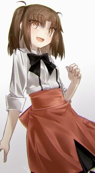 1girl blush bow bowtie breasts brown_eyes brown_hair collared_shirt commentary_request highres long_sleeves looking_at_viewer open_mouth orange_skirt parted_bangs shirt short_hair skirt small_breasts smile solo tsukihime two_side_up white_shirt yubeshi_(zecxl) yumizuka_satsuki